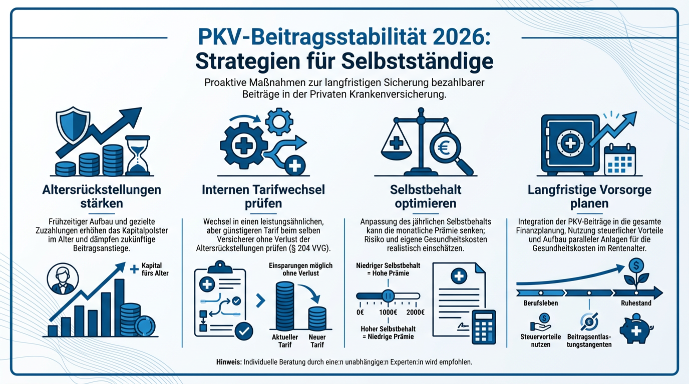 Infografik: Strategien zur Beitragsstabilität der privaten Krankenversicherung für Selbstständige im Jahr 2026.