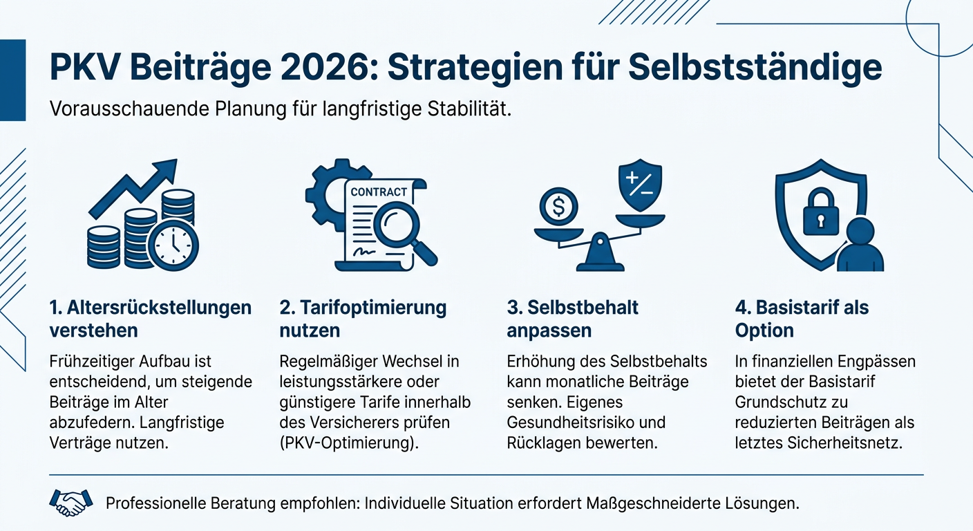 PKV Beitragsstabilität 2026: Strategien für Selbstständige Infografik: PKV Beiträge 2026. Vier Punkte zur Beitragsstabilität für Selbstständige: Altersrückstellungen, Tarifoptimierung, Selbstbehalt anpassen, Basistarif.