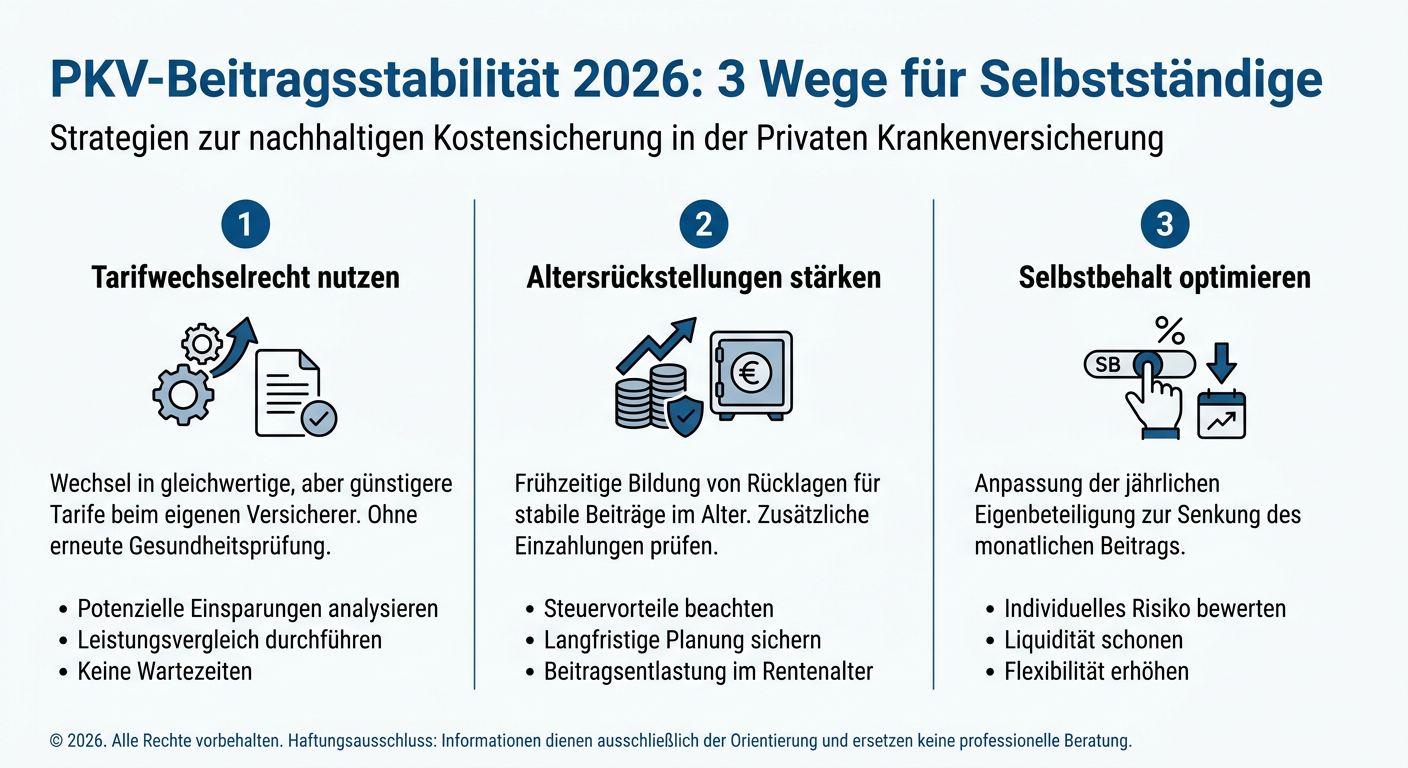 PKV-Beitragsstabilität: Strategien für Selbstständige 2026 Infografik zeigt drei Wege zur PKV-Beitragsstabilität für Selbstständige 2026: Tarifwechselrecht nutzen, Altersrückstellungen stärken, Selbstbehalt optimieren.