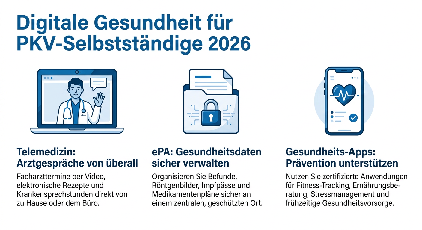 PKV und digitale Gesundheit: Chancen für Selbstständige 2026 Infografik: Digitale Gesundheit für PKV-Selbstständige 2026. Drei Vorteile werden dargestellt: Telemedizin für flexible Arztgespräche, ePA zur sicheren Datenverwaltung und Gesundheits-Apps zur Präventionsunterstützung.