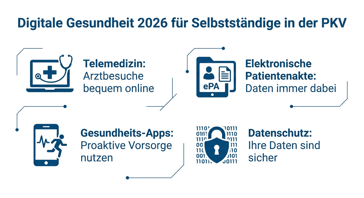 Infografik: Digitale Gesundheit 2026 für Selbstständige in der PKV mit Stichpunkten zu Telemedizin, ePA, Gesundheits-Apps und Datenschutz.