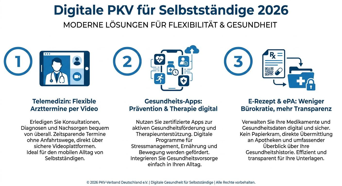 PKV & Digitalisierung 2026: Telemedizin, Apps und Ihre Vorteile Infografik: Digitale PKV für Selbstständige 2026. Zeigt Vorteile wie Telemedizin, Gesundheits-Apps und E-Rezept/ePA für mehr Flexibilität und Transparenz.