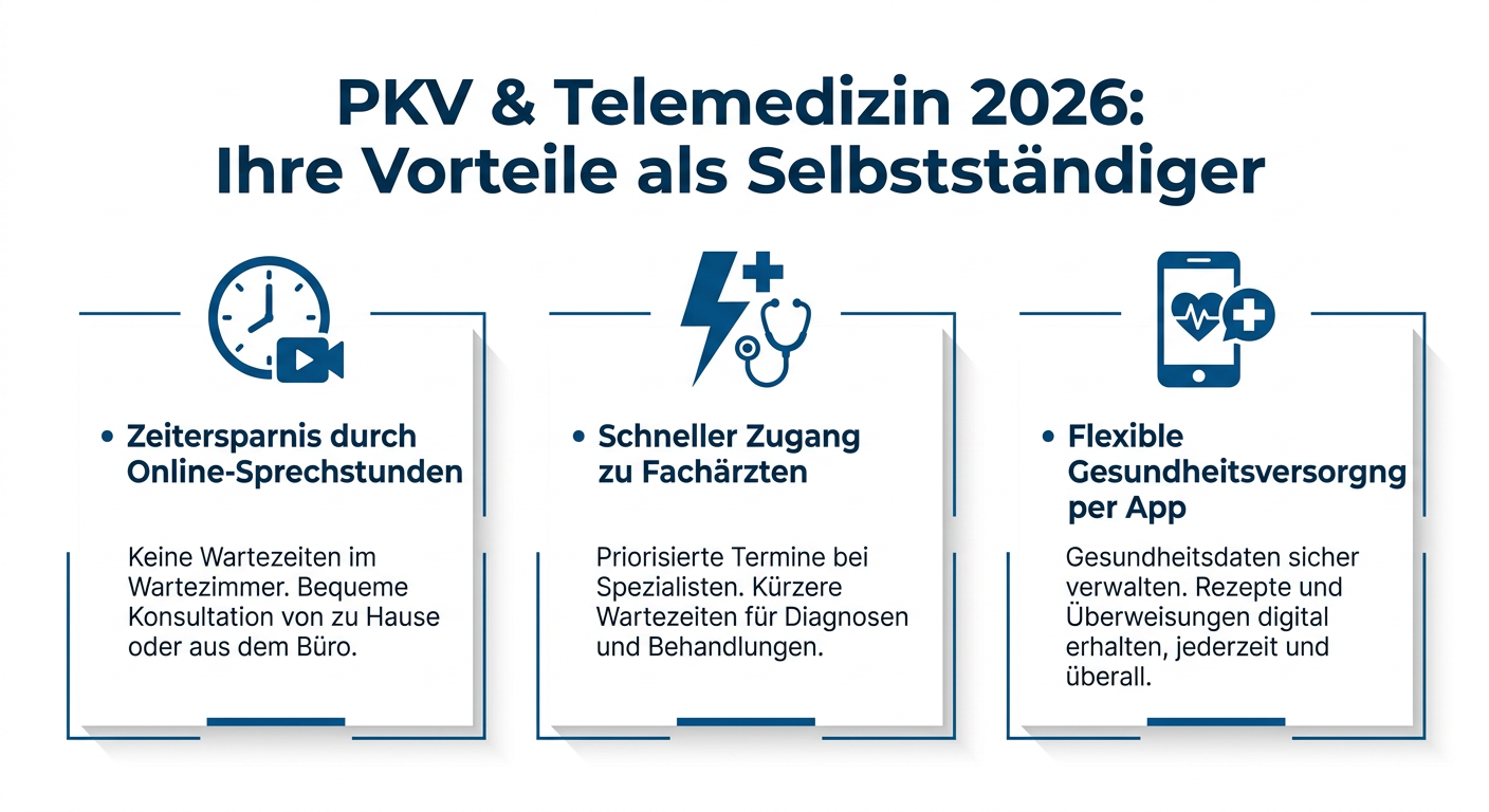 Infografik: Vorteile der Telemedizin für Selbstständige in der PKV 2026 mit Zeitersparnis, schnellem Zugang zu Fachärzten und flexibler Versorgung.