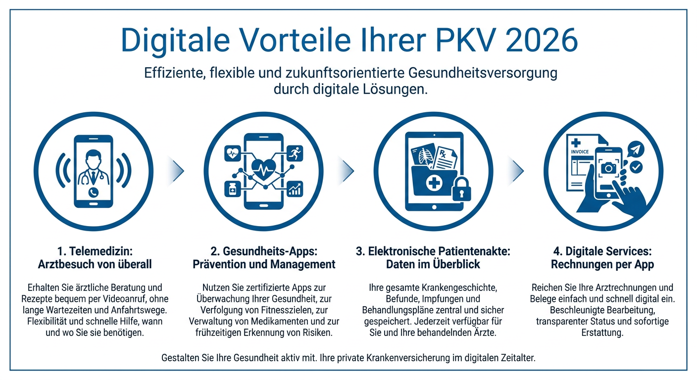PKV & Digitalisierung: Telemedizin und Apps 2026 Infografik zeigt digitale Vorteile der PKV 2026 mit Symbolen für Telemedizin, Gesundheits-Apps, elektronische Patientenakte und digitale Services.