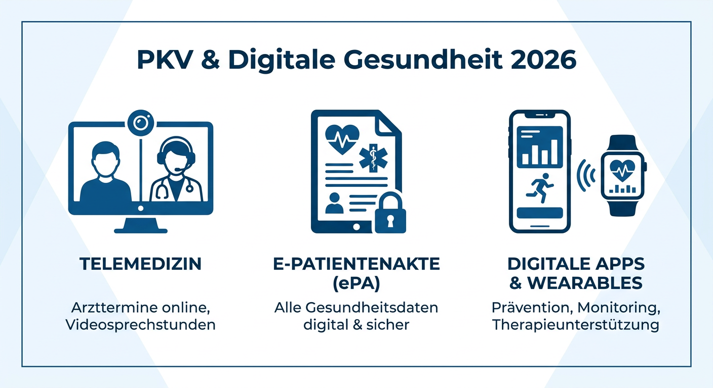 PKV und Telemedizin 2026: Digitale Gesundheit nutzen Infografik zur digitalen Gesundheit in der PKV 2026. Zeigt Telemedizin, ePA und digitale Apps/Wearables als Vorteile.