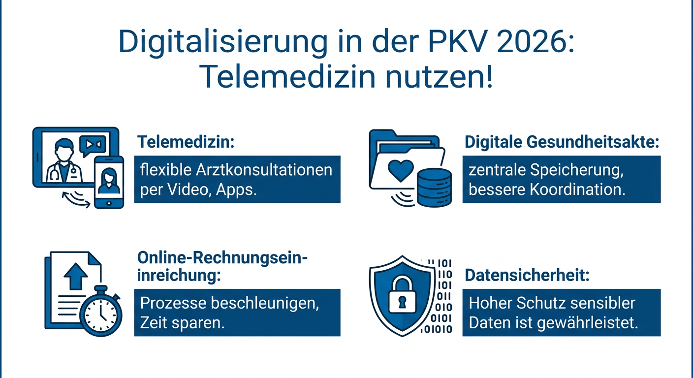 Infografik zur Digitalisierung und Telemedizin in der PKV 2026, die die Vorteile von flexiblen Arztkonsultationen, digitaler Gesundheitsakte, Online-Rechnungseinreichung und Datensicherheit hervorhebt.