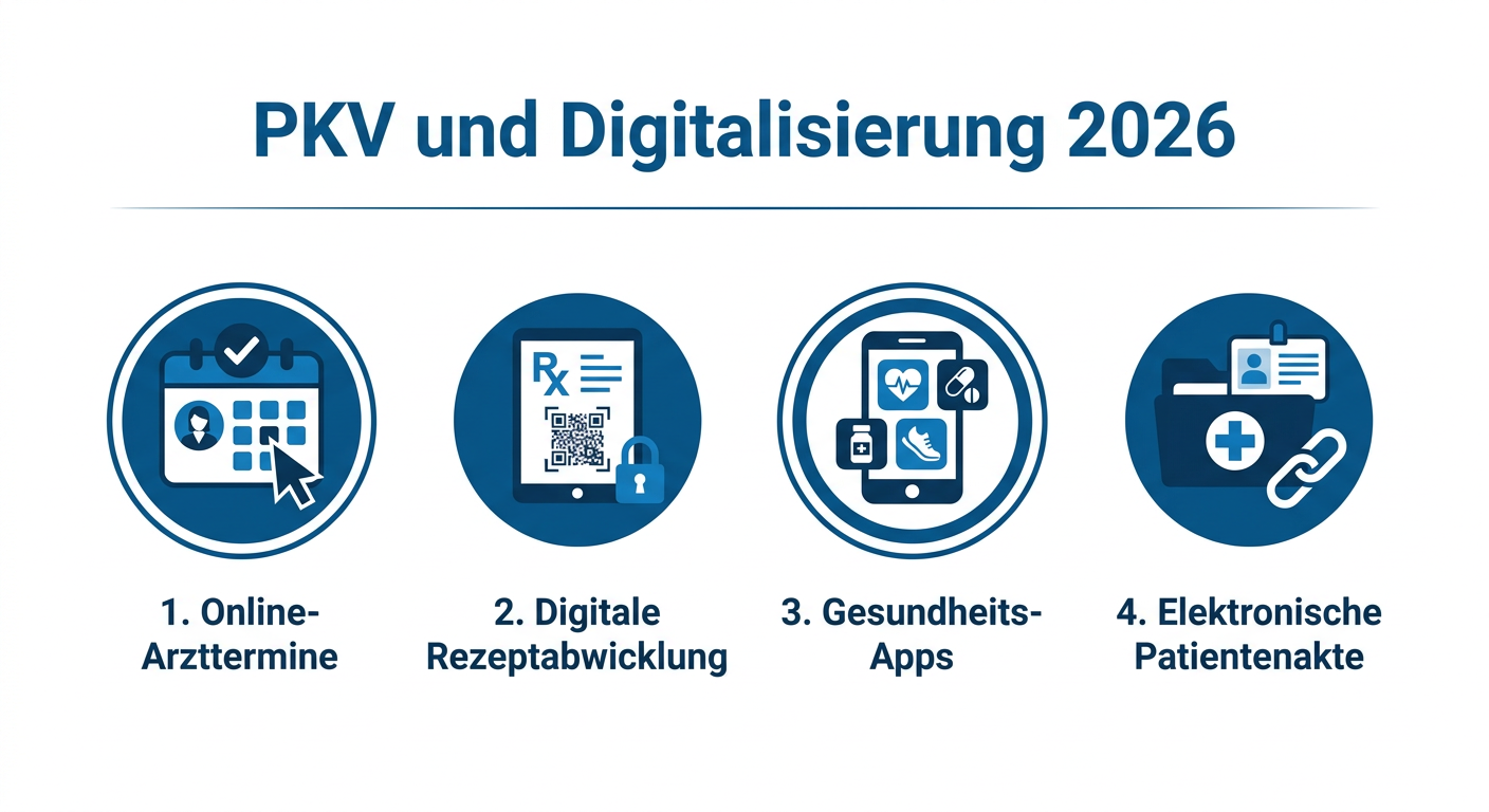 PKV und Digitalisierung: Telemedizin für Selbstständige 2026 Infografik zeigt die Rolle der Digitalisierung in der PKV 2026. Vier Icons stehen für Online-Arzttermine, digitale Rezeptabwicklung, Gesundheits-Apps und die elektronische Patientenakte.