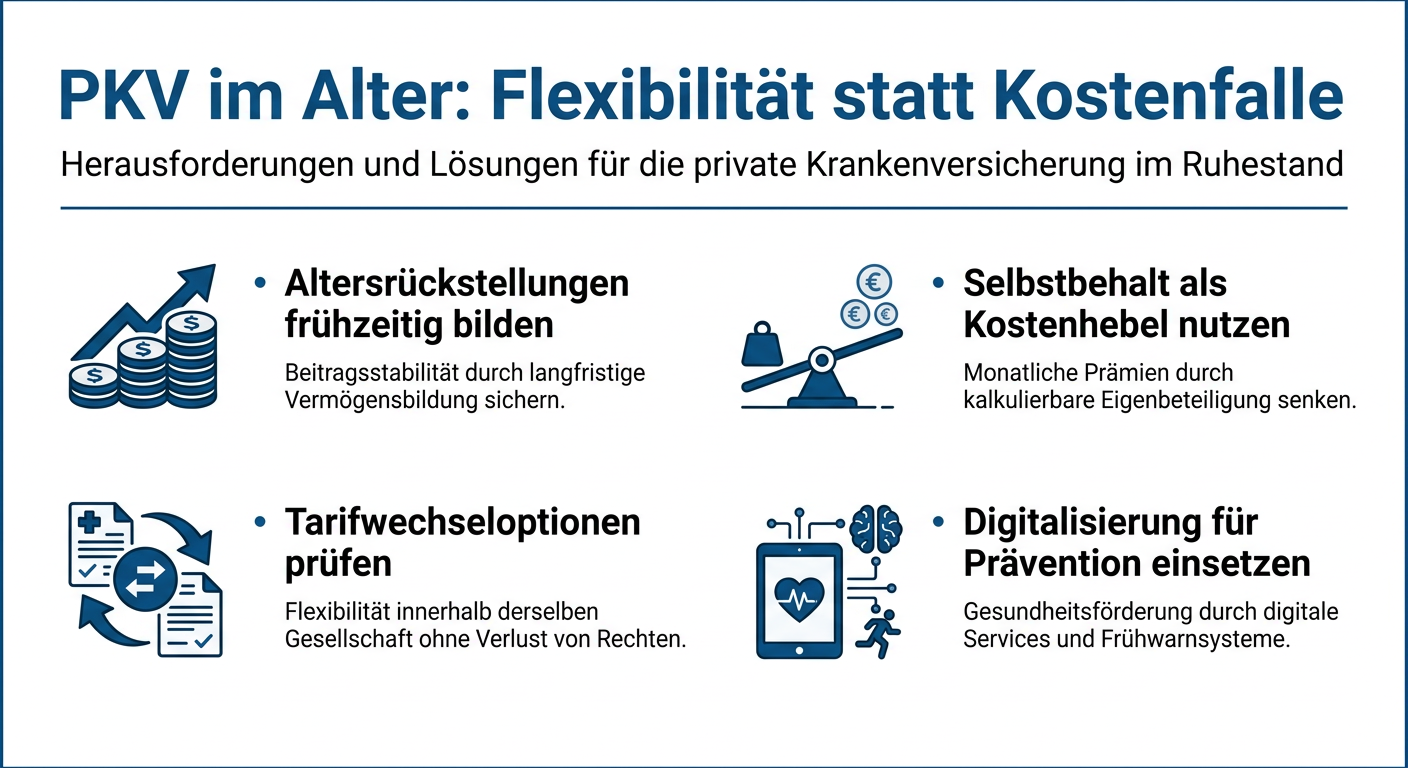 PKV im Alter: Flexibilität statt Kostenfalle für Selbstständige Infografik: PKV im Alter mit Strategien wie Altersrückstellungen, Selbstbehalt, Tarifwechsel und Digitalisierung zur Kostenkontrolle.