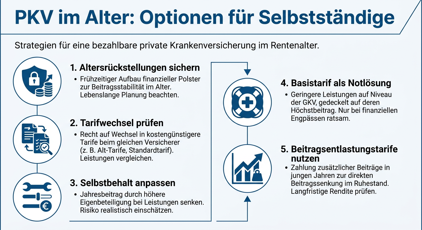 Infografik: PKV im Alter für Selbstständige. Zeigt fünf Optionen zur Beitragsreduktion: Altersrückstellungen, Tarifwechsel, Selbstbehaltanpassung, Basistarif, Beitragsentlastungstarife.