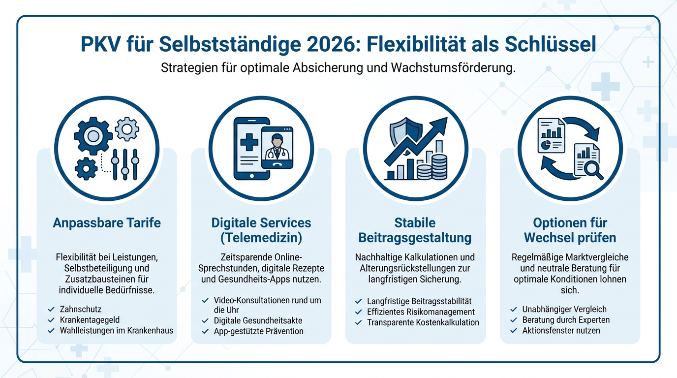 Infografik zur Flexibilität der PKV für Selbstständige 2026, zeigt Kernpunkte wie Tarife, Digitalisierung, Beitragsstabilität und Wechseloptionen.