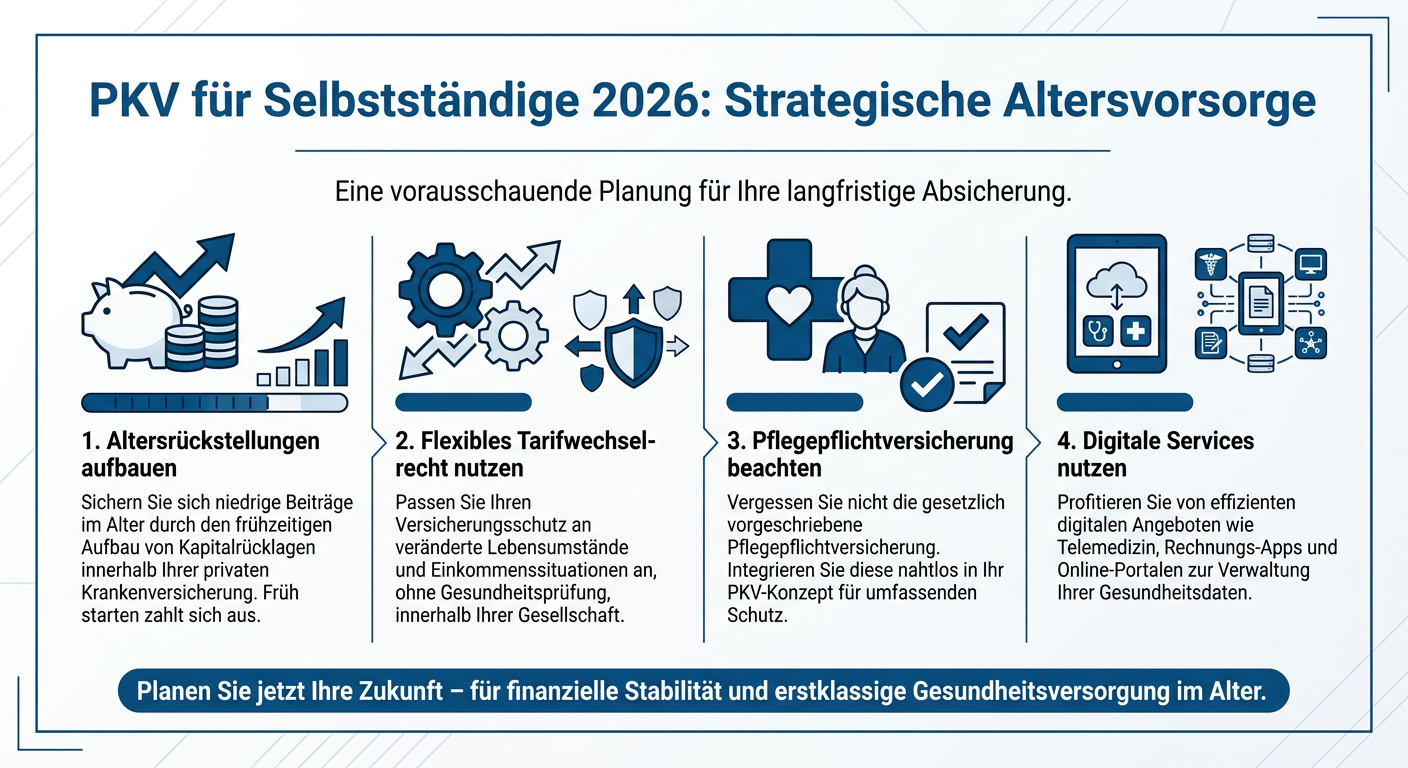 PKV für Selbstständige 2026: Flexibilität & Altersvorsorge Infografik zur PKV für Selbstständige 2026: Strategische Altersvorsorge, mit Stichpunkten zu Altersrückstellungen, Tarifwechselrecht, Pflegepflichtversicherung und digitalen Services.