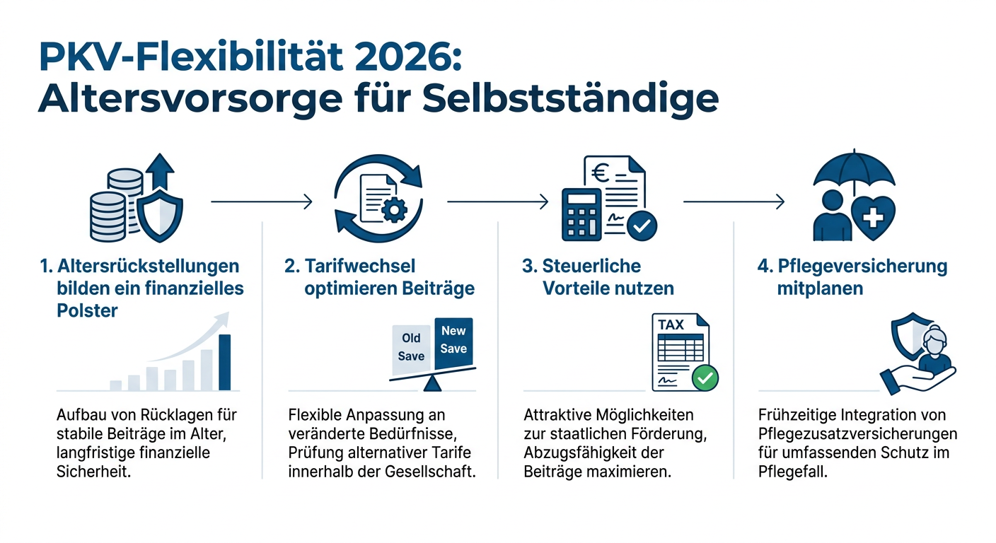 Infografik zur PKV-Flexibilität 2026 für Selbstständige im Bereich Altersvorsorge, mit Stichpunkten zu Altersrückstellungen, Tarifwechsel, Steuervorteilen und Pflegeversicherung.