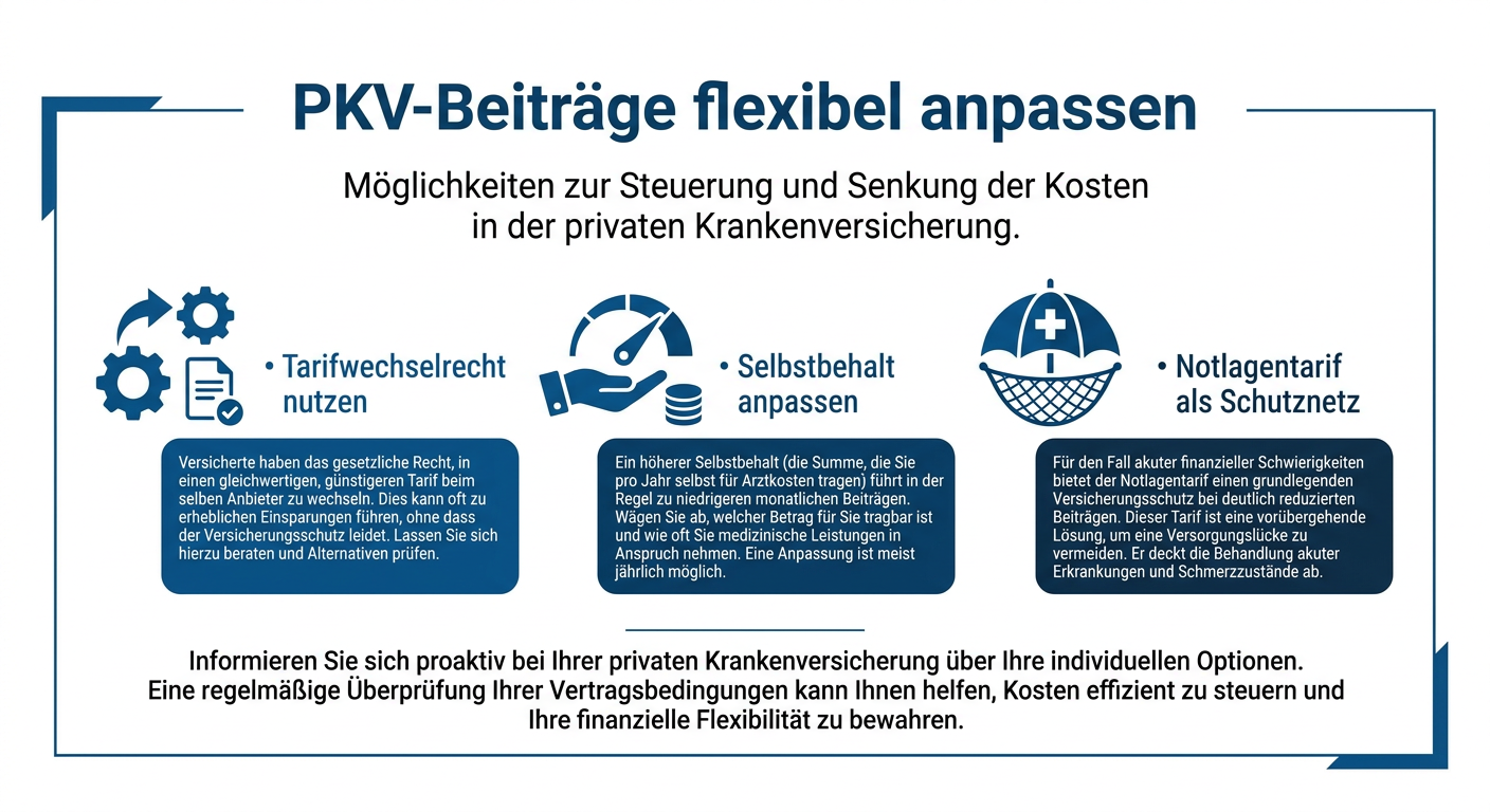 PKV für Selbstständige: Flexibel bei schwankendem Einkommen 2026 Infografik zur Flexibilität der PKV-Beiträge für Selbstständige, zeigt Optionen wie Tarifwechsel, Anpassung des Selbstbehalts und den Notlagentarif.