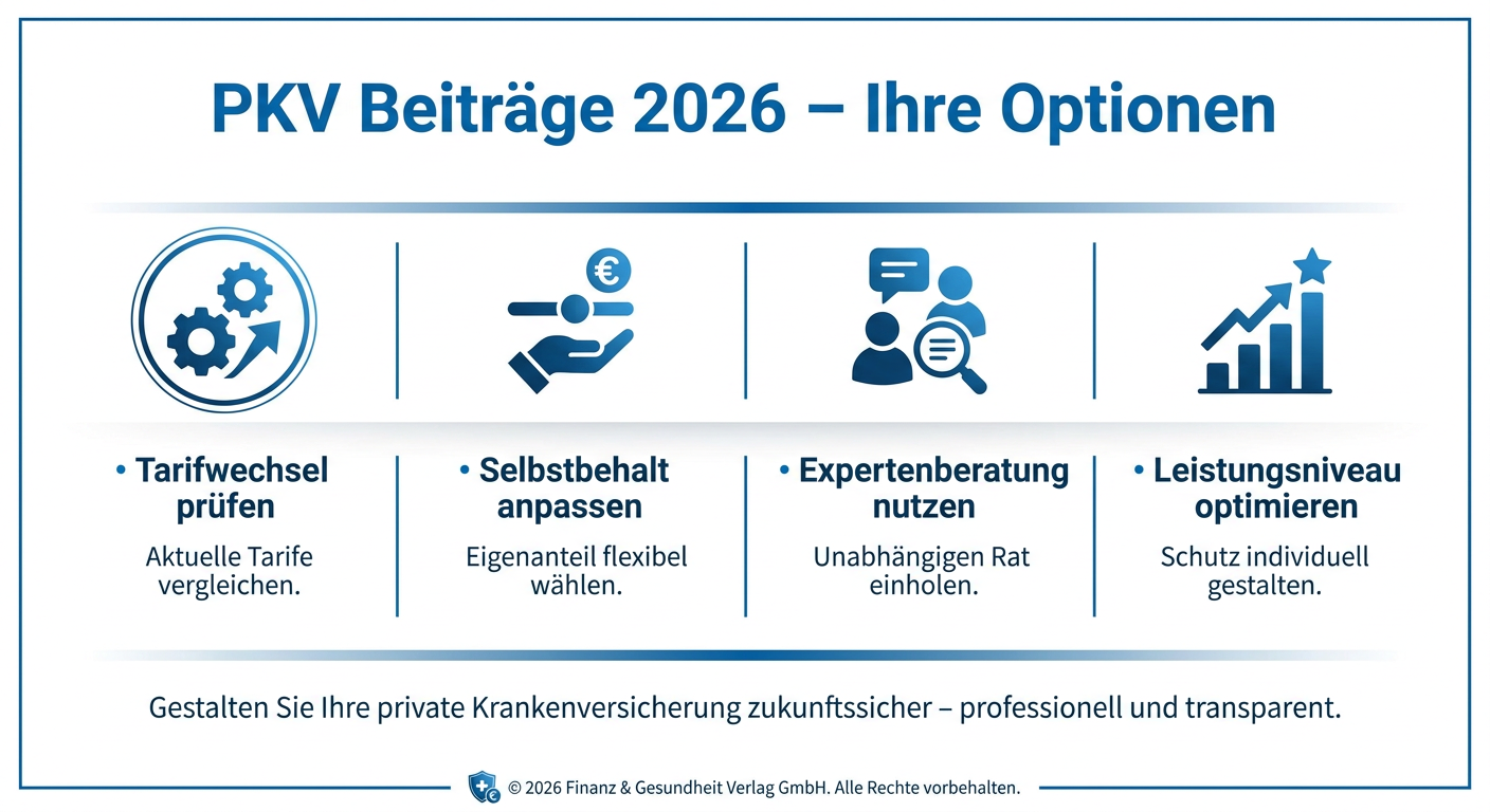 PKV Flexibilität: Beitragsanpassung und Optionen 2026 Infografik: PKV Beiträge 2026 – Ihre Optionen. Mit Stichpunkten Tarifwechsel prüfen, Selbstbehalt anpassen, Expertenberatung nutzen, Leistungsniveau optimieren.