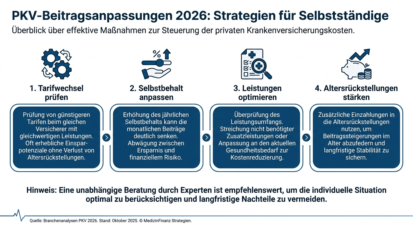 PKV Flexibilität 2026: Strategien für Beitragsanpassungen Infografik: PKV-Beitragsanpassungen 2026 für Selbstständige. Zeigt vier Strategien: Tarifwechsel prüfen, Selbstbehalt anpassen, Leistungen optimieren, Altersrückstellungen stärken.