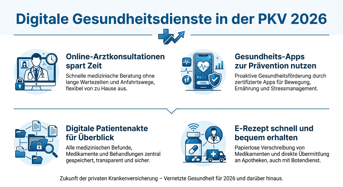 PKV für Selbstständige 2026: Digitale Gesundheit und Flexibilität Infografik: Digitale Gesundheitsdienste in der PKV 2026 mit Stichpunkten zu Online-Arztkonsultationen, Gesundheits-Apps, digitaler Patientenakte und E-Rezept.