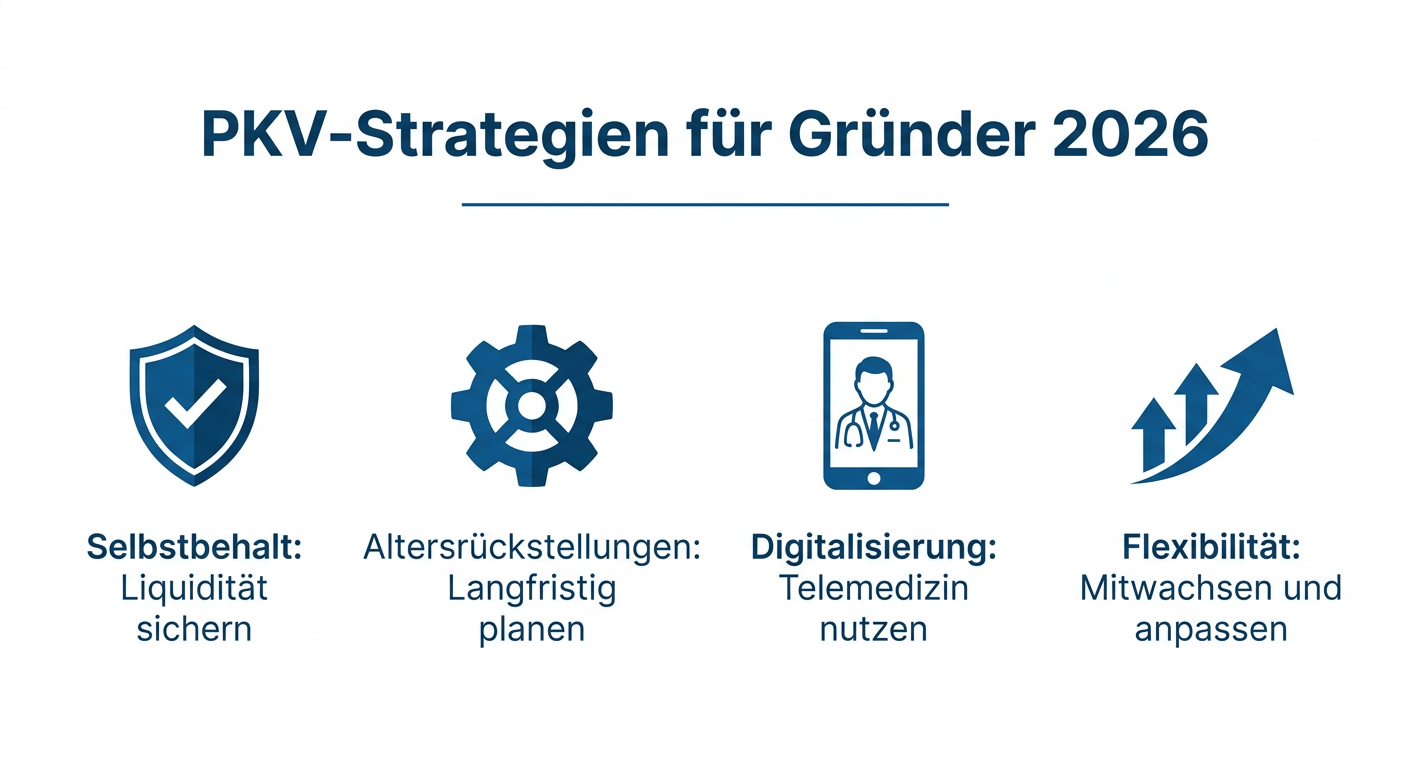 PKV-Flexibilität für Gründer: Strategien für Start-ups 2026 Infografik: PKV-Strategien für Gründer 2026. Vier Punkte werden hervorgehoben: Selbstbehalt zur Liquiditätssicherung, Altersrückstellungen für langfristige Planung, Nutzung von Telemedizin durch Digitalisierung und die Anpassungsfähigkeit der PKV.