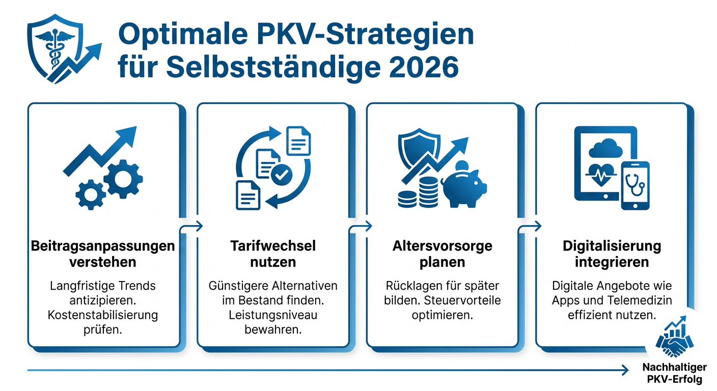 Infografik zeigt vier Optimierungsstrategien für die private Krankenversicherung (PKV) von Selbstständigen im Jahr 2026: Beitragsanpassungen, Tarifwechsel, Altersvorsorge und Digitalisierung.