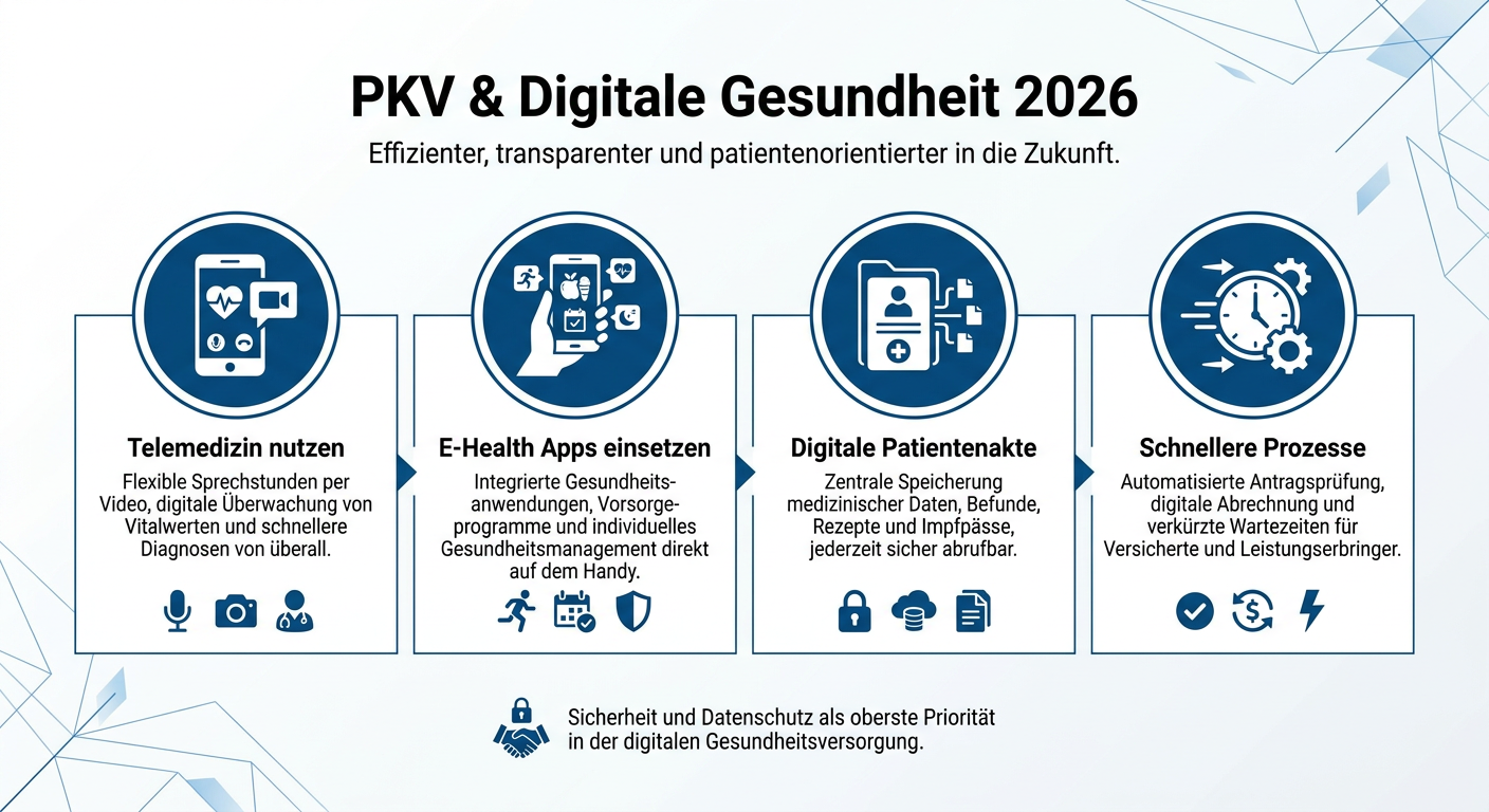 Infografik zu digitalen Gesundheitsleistungen 2026 in der PKV mit Stichpunkten zu Telemedizin, E-Health Apps, digitaler Patientenakte und schnelleren Prozessen.