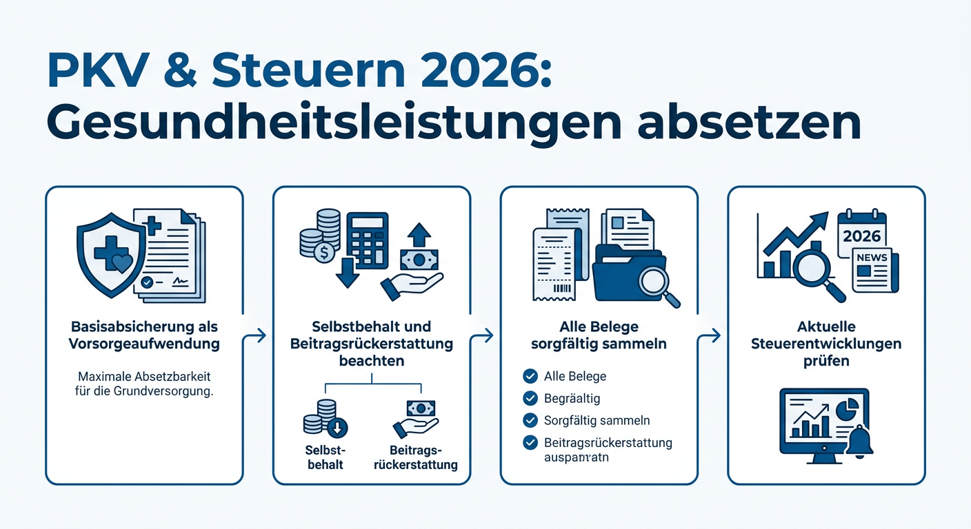 Infografik zum steuerlichen Absetzen von PKV-Beiträgen und Gesundheitsleistungen für Selbstständige im Jahr 2026.