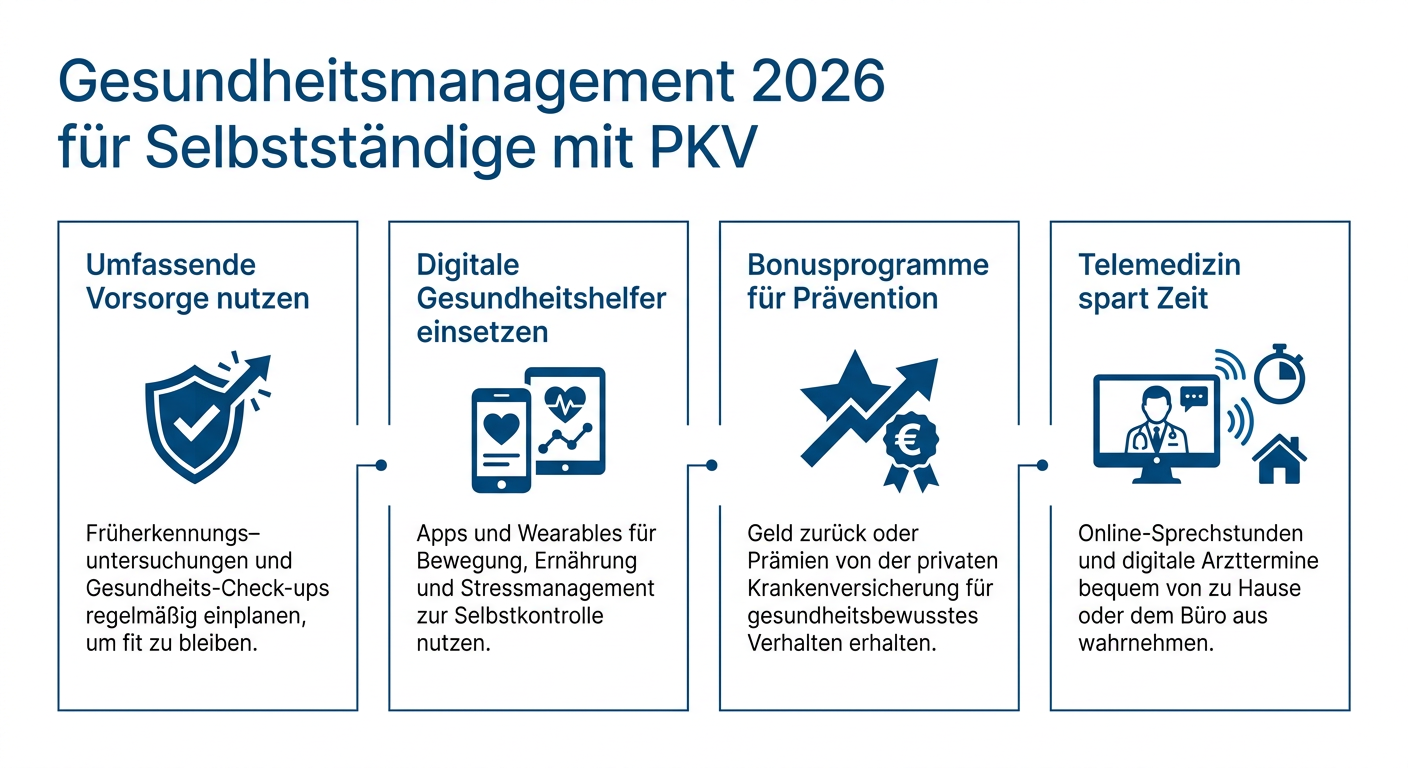 Infografik zum Gesundheitsmanagement für Selbstständige mit PKV 2026, zeigt Vorteile von Prävention, Digitalisierung und Bonusprogrammen.