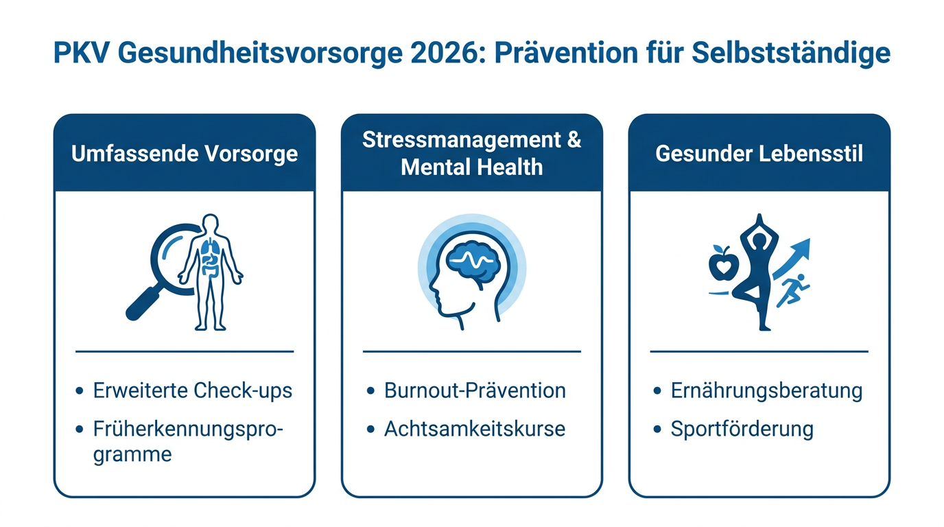 PKV Gesundheitsvorsorge 2026: Prävention für Selbstständige Infografik: Die Vorteile der PKV-Gesundheitsvorsorge und Prävention für Selbstständige im Jahr 2026, aufgeteilt in umfassende Vorsorge, Stressmanagement und gesunden Lebensstil.