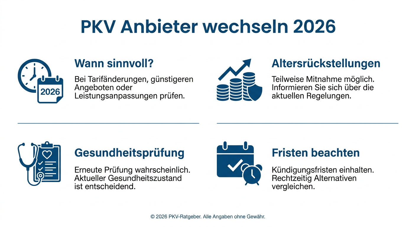 PKV Leistungsanbieter wechseln: So geht’s 2026! Infografik: Prozess und wichtige Aspekte beim Wechsel des PKV-Anbieters 2026, inklusive Sinnhaftigkeit, Altersrückstellungen, Gesundheitsprüfung und Fristen.