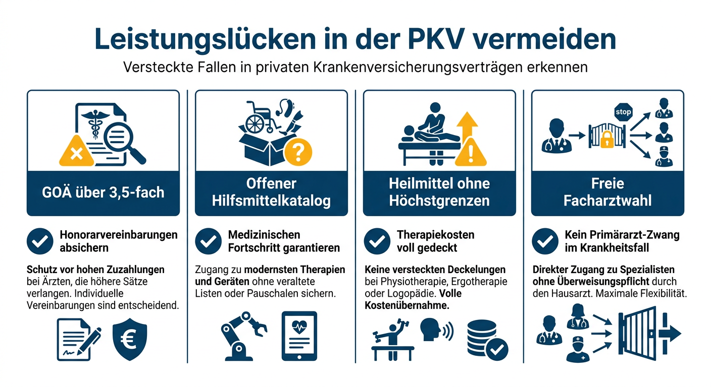 Infografik zu Leistungslücken im PKV-Vertrag: Offene Hilfskataloge, GOÄ-Höchstsätze und Heilmittelvergütung im Überblick.