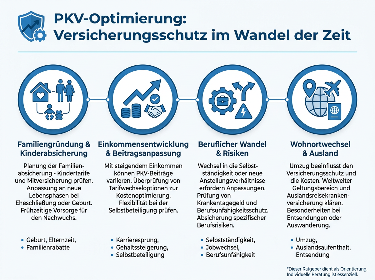 PKV-Optimierung: Ihr Versicherungsschutz im Wandel der Zeit Infografik: PKV-Optimierung mit Icons für Familie, Einkommen, Beruf und Wohnortwechsel.