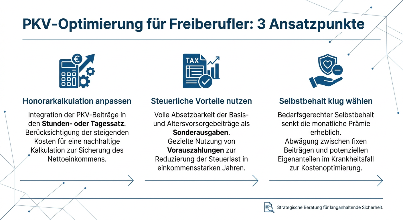 PKV-Optimierung für Freiberufler: Honorargestaltung & Kosten Infografik: PKV-Optimierung für Freiberufler mit drei Ansatzpunkten: Honorarkalkulation, steuerliche Vorteile und Selbstbehalt.