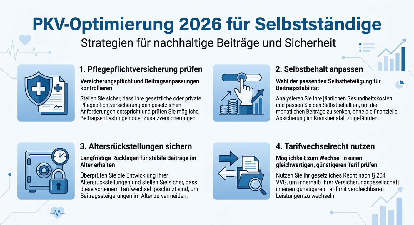 PKV-Optimierung 2026: Pflege, Selbstbehalt & Altersvorsorge Infografik zur PKV-Optimierung für Selbstständige 2026. Zeigt vier Punkte: Pflegepflichtversicherung prüfen, Selbstbehalt anpassen, Altersrückstellungen sichern, Tarifwechselrecht nutzen.
