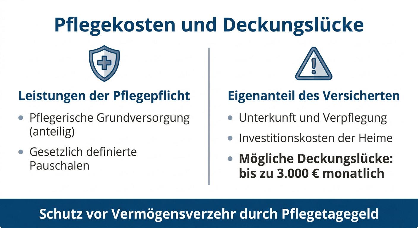 Pflegekosten im Fokus: PKV-Deckungslücken schließen Übersicht zu den Kostenkomponenten im Pflegefall und den Deckungslücken der Pflegepflichtversicherung für Selbstständige.