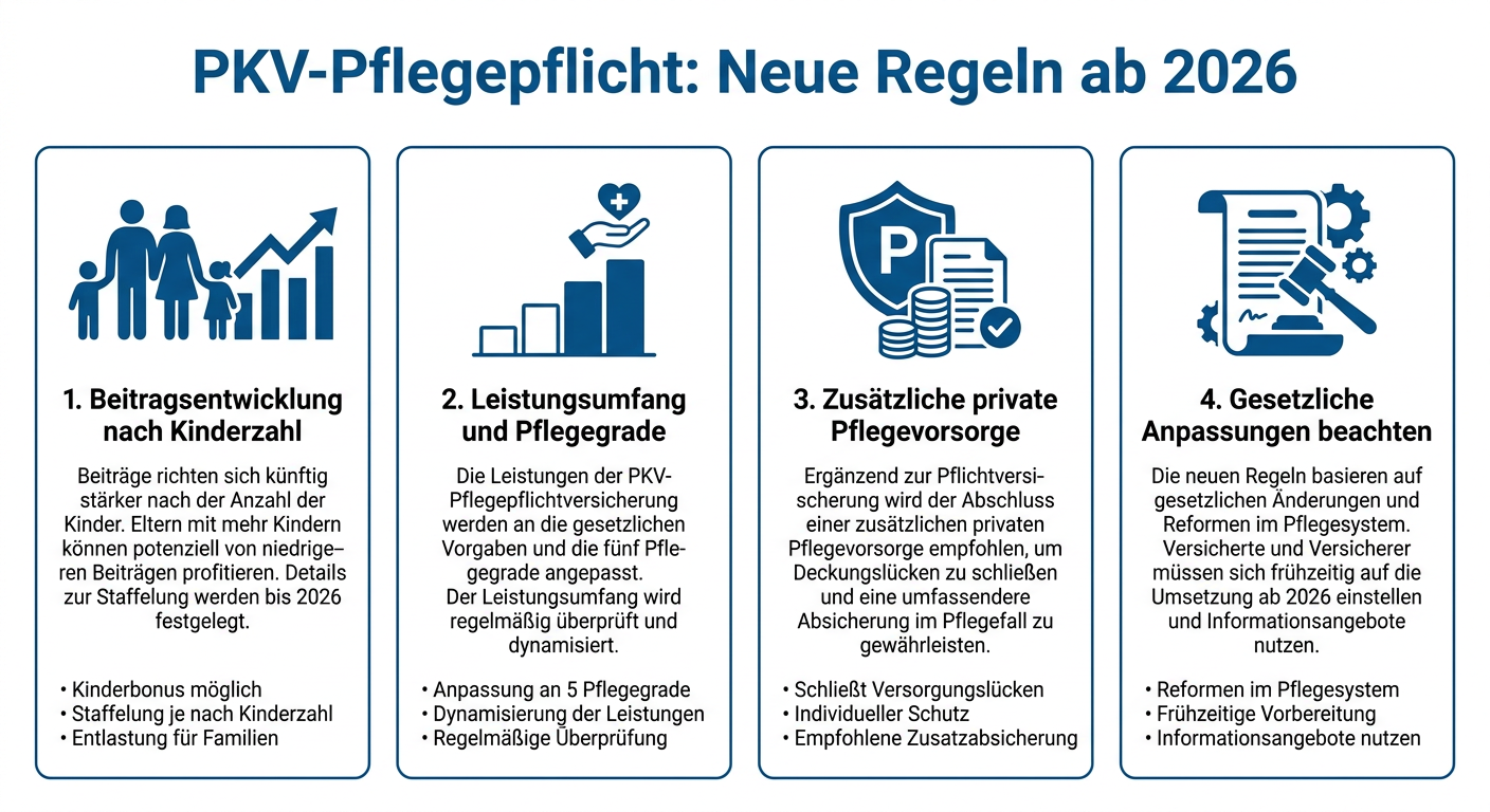 PKV-Pflegepflichtversicherung: Neue Regeln ab 2026 Infografik zu neuen Regeln der PKV-Pflegepflichtversicherung ab 2026: Beitragsentwicklung, Leistungsumfang, private Pflegevorsorge, gesetzliche Anpassungen.