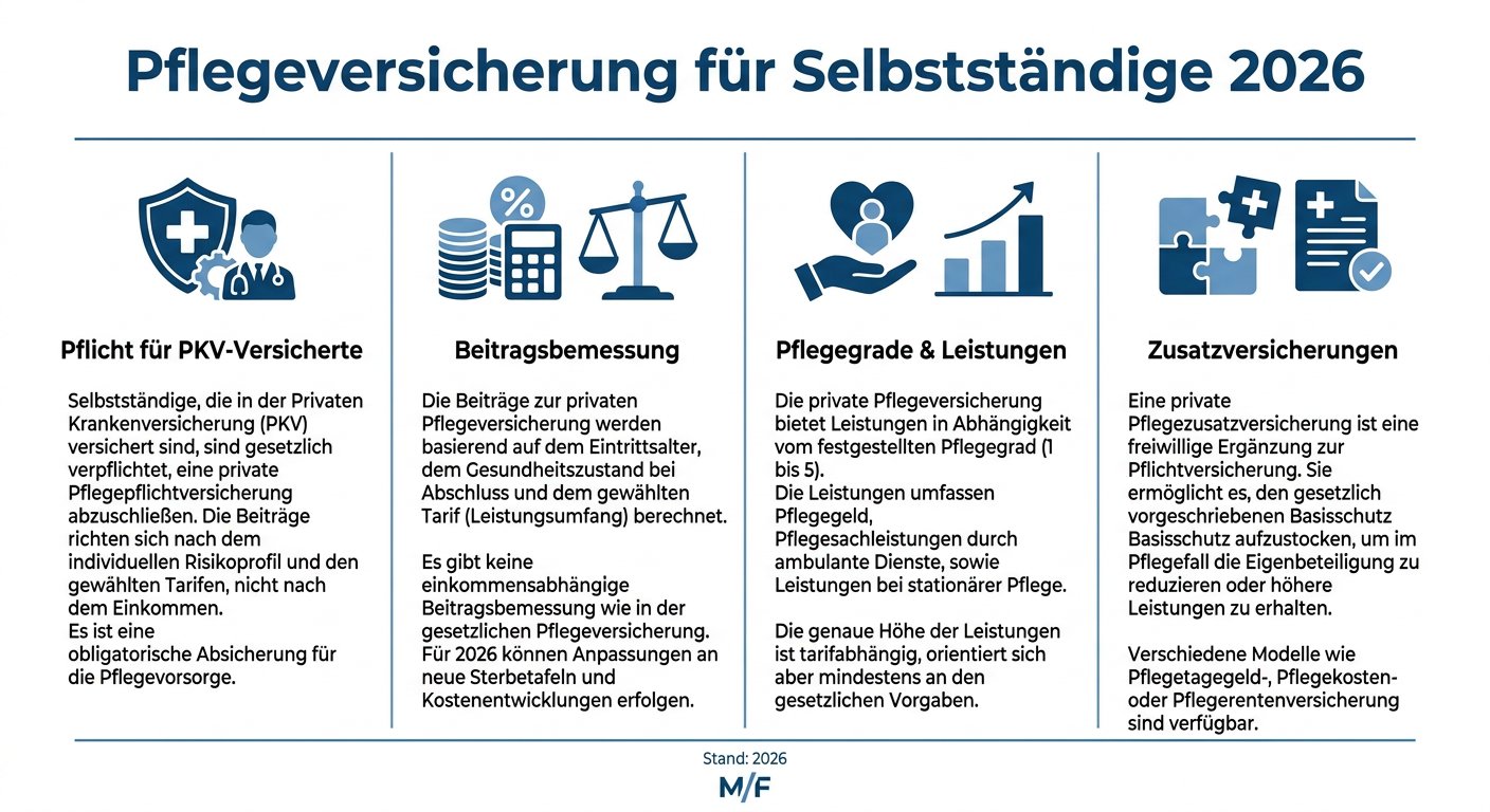 PKV & Pflegeversicherung 2026: Was Selbstständige wissen müssen Infografik: Wichtige Informationen zur Pflegeversicherung für Selbstständige 2026, inklusive Pflicht, Beitragsbemessung, Pflegegraden, Leistungen und Zusatzversicherungen.