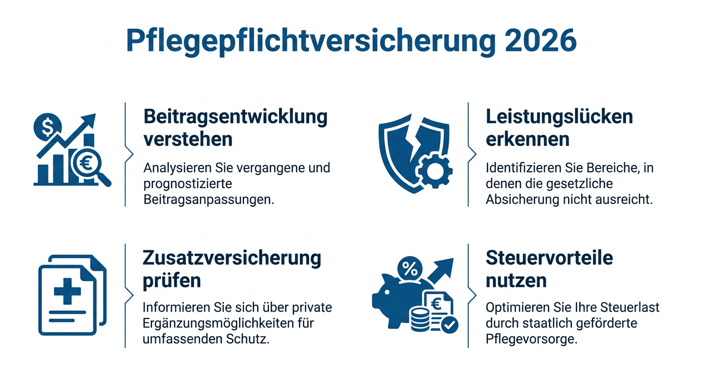 PKV & Pflegepflichtversicherung 2026: Selbstständige im Blick Infografik zur Pflegepflichtversicherung für Selbstständige in der PKV im Jahr 2026. Zeigt Beitragsentwicklung und Zusatzversicherungen.