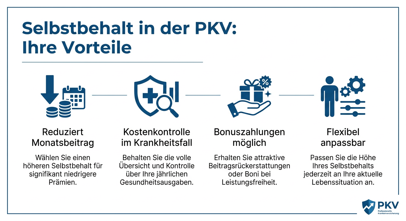 Infografik zum Selbstbehalt in der PKV, erläutert Vorteile wie Beitragsreduktion und Kostenkontrolle für Selbstständige.