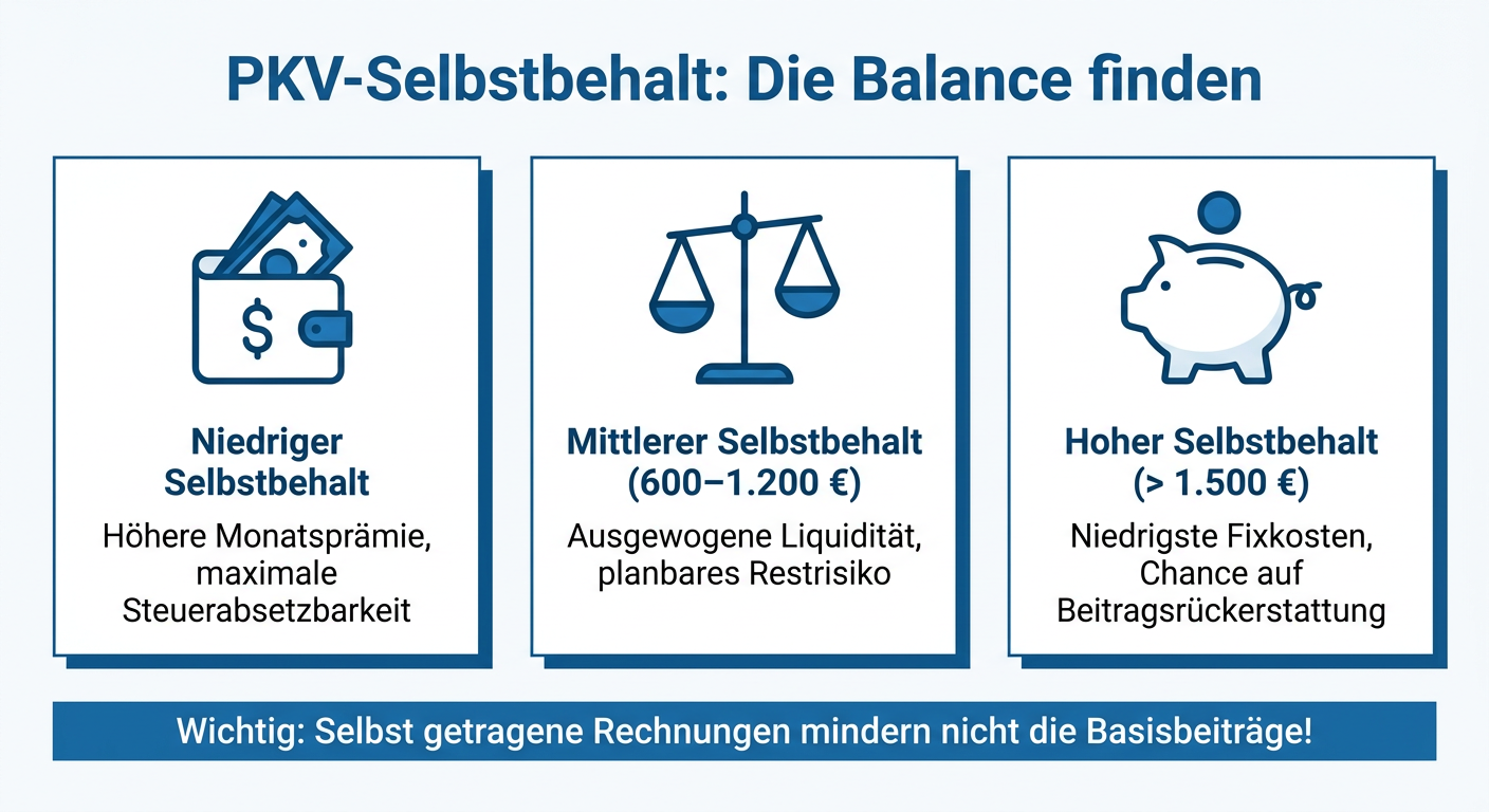 Infografik zum optimalen Selbstbehalt in der PKV für Selbstständige mit Vergleich von Fixkosten und Steuereffekten.