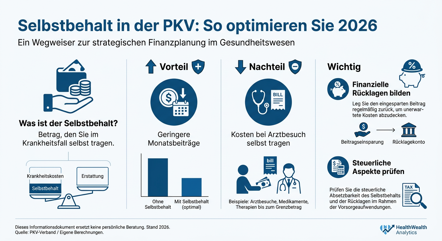 Infografik zum Selbstbehalt in der PKV, die erklärt, was der Selbstbehalt ist, seine Vorteile und Nachteile sowie wichtige Punkte zur finanziellen Rücklage und steuerlichen Aspekten.