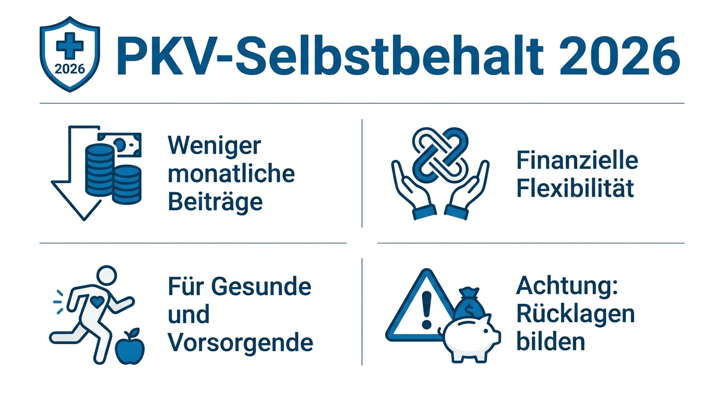 Infografik zum PKV-Selbstbehalt 2026, zeigt die Vorteile wie niedrigere Beiträge und finanzielle Flexibilität sowie den Hinweis auf notwendige Rücklagen.
