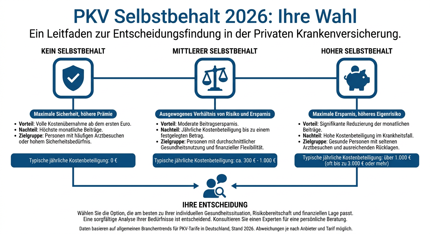 PKV-Selbstbehalt 2026: Strategien für Selbstständige Infografik zum PKV Selbstbehalt 2026 mit dem Titel 'PKV Selbstbehalt 2026: Ihre Wahl' und wichtigen Informationen für Selbstständige.