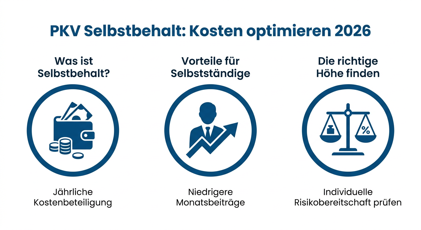 PKV Selbstbehalt optimieren: Kosten senken 2026 Infografik zur Optimierung des PKV-Selbstbehalts 2026 für Selbstständige. Erklärt Vorteile und die Wahl der Höhe.