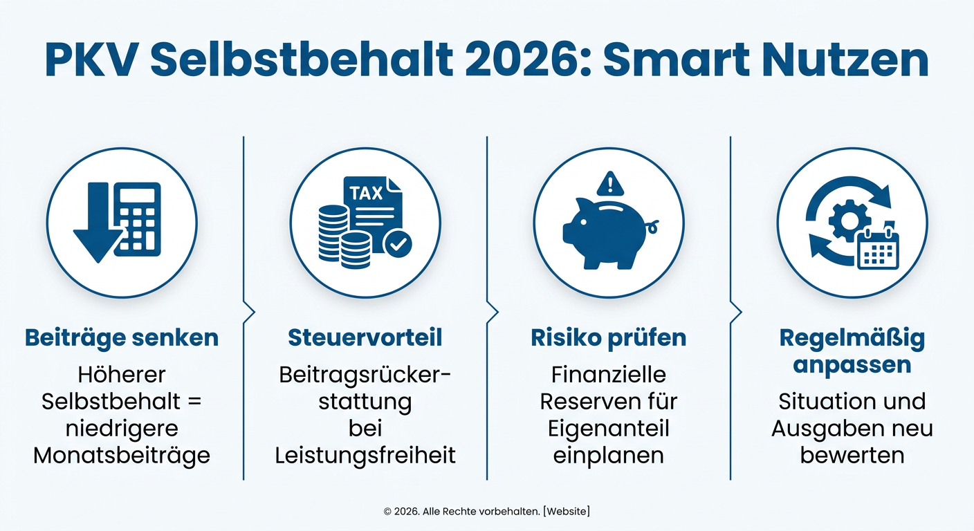 PKV Selbstbehalt: Optimierung, Steuervorteile und Fallstricke 2026 Infografik zur optimalen Nutzung des PKV-Selbstbehalts 2026. Zeigt Vorteile wie Beitragssenkung und Steuervorteile sowie wichtige Überlegungen zum Risiko.