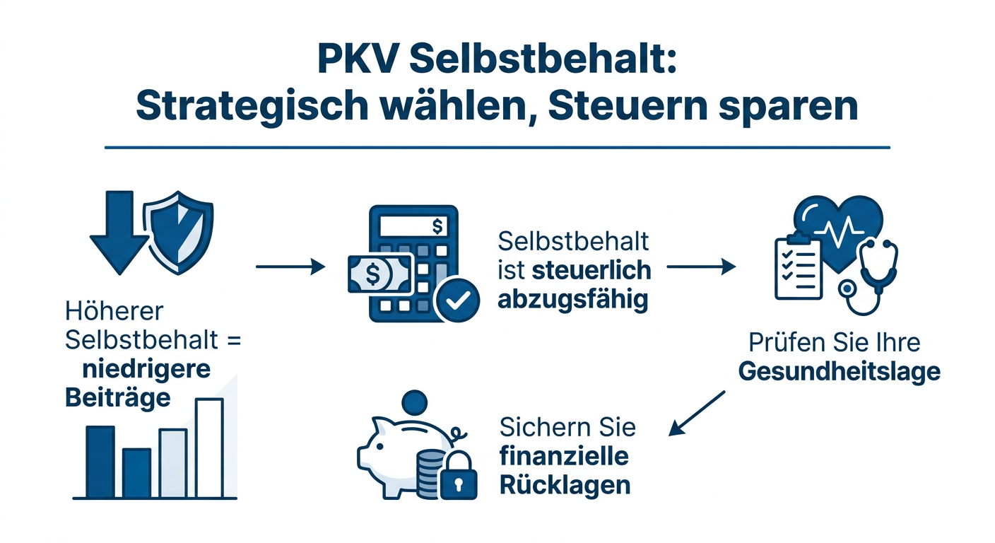 PKV Selbstbehalt optimieren: Steuervorteile und strategische Wahl Infografik: Fünf wichtige Punkte zum PKV-Selbstbehalt für Selbstständige, die dessen strategische Wahl, Steuervorteile und die Berücksichtigung von Gesundheit und Rücklagen hervorheben.
