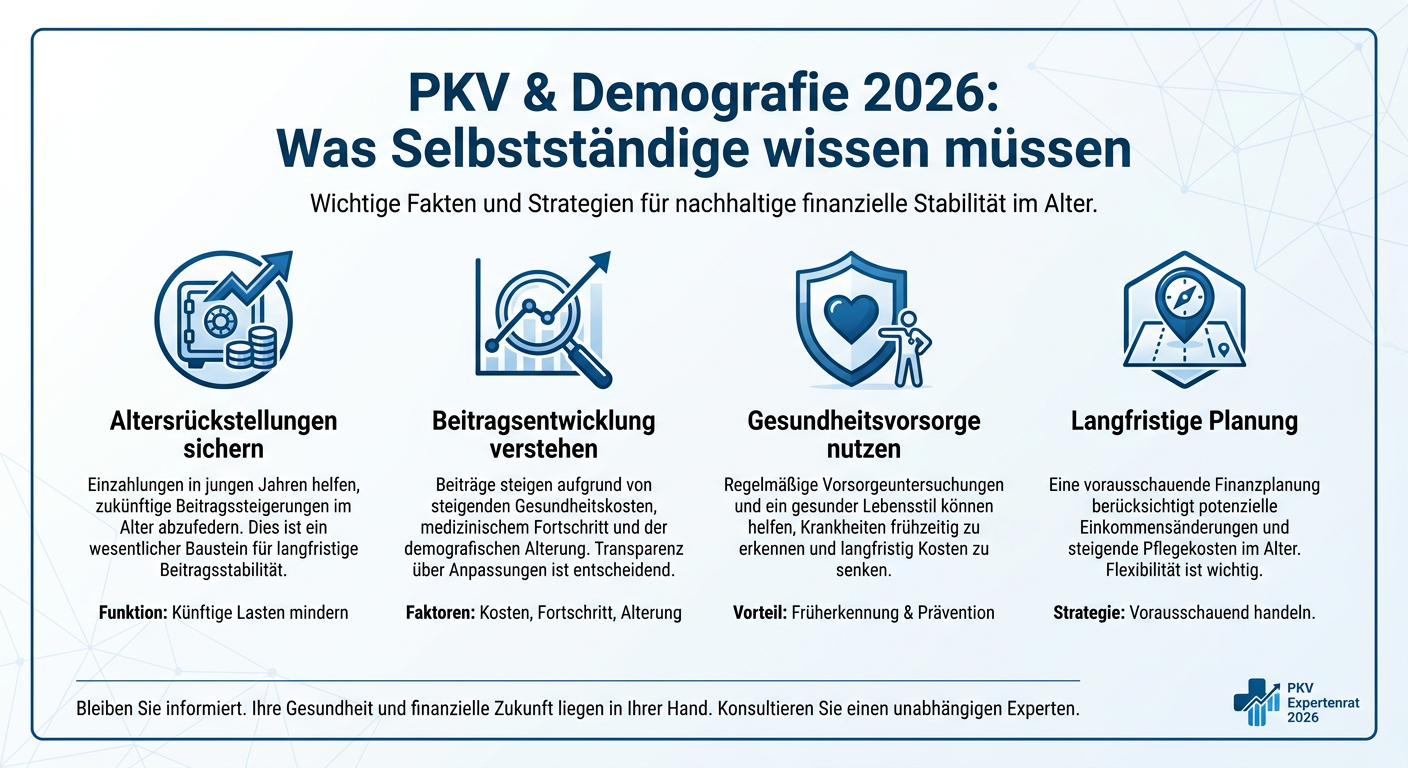 Infografik zu den Auswirkungen der Demografie auf die private Krankenversicherung für Selbstständige im Jahr 2026, mit Stichpunkten zur Beitragsentwicklung und Altersrückstellungen.