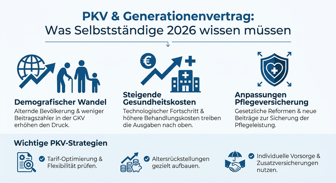 PKV & Generationenvertrag: Anpassungen 2026 Infografik: Erklärung, wie der demografische Wandel und mögliche Anpassungen des Generationenvertrags die PKV für Selbstständige im Jahr 2026 beeinflussen, mit Hinweisen zu Strategien.
