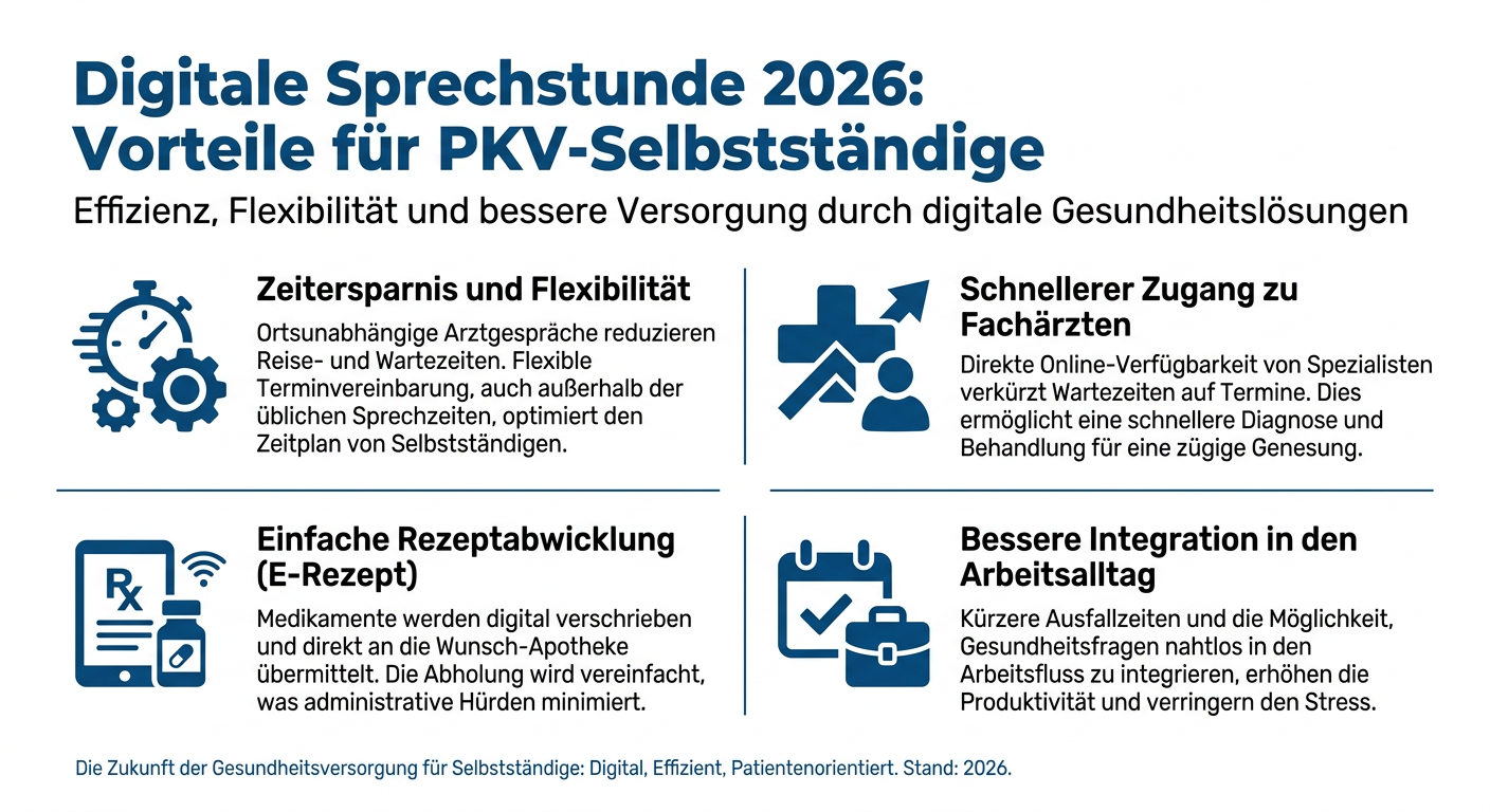 Digitale Sprechstunde 2026: PKV-Vorteile für Selbstständige Infografik über die Vorteile der digitalen Sprechstunde für PKV-versicherte Selbstständige im Jahr 2026, mit Stichpunkten zu Zeitersparnis, Flexibilität und schnellem Zugang zu Ärzten.