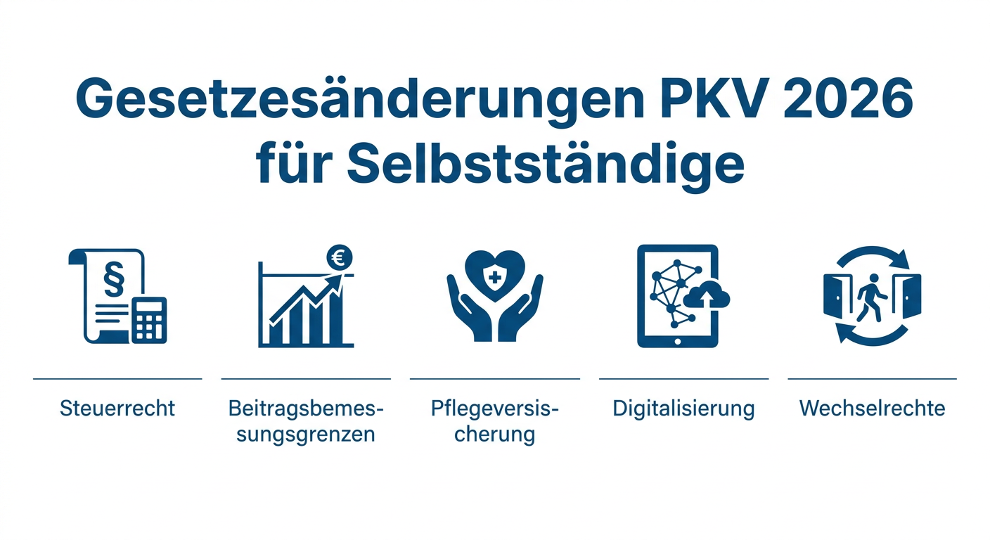 PKV und Gesetzesänderungen 2026: Was Selbstständige betrifft Infografik zu relevanten Gesetzesänderungen 2026 für Selbstständige in der PKV.