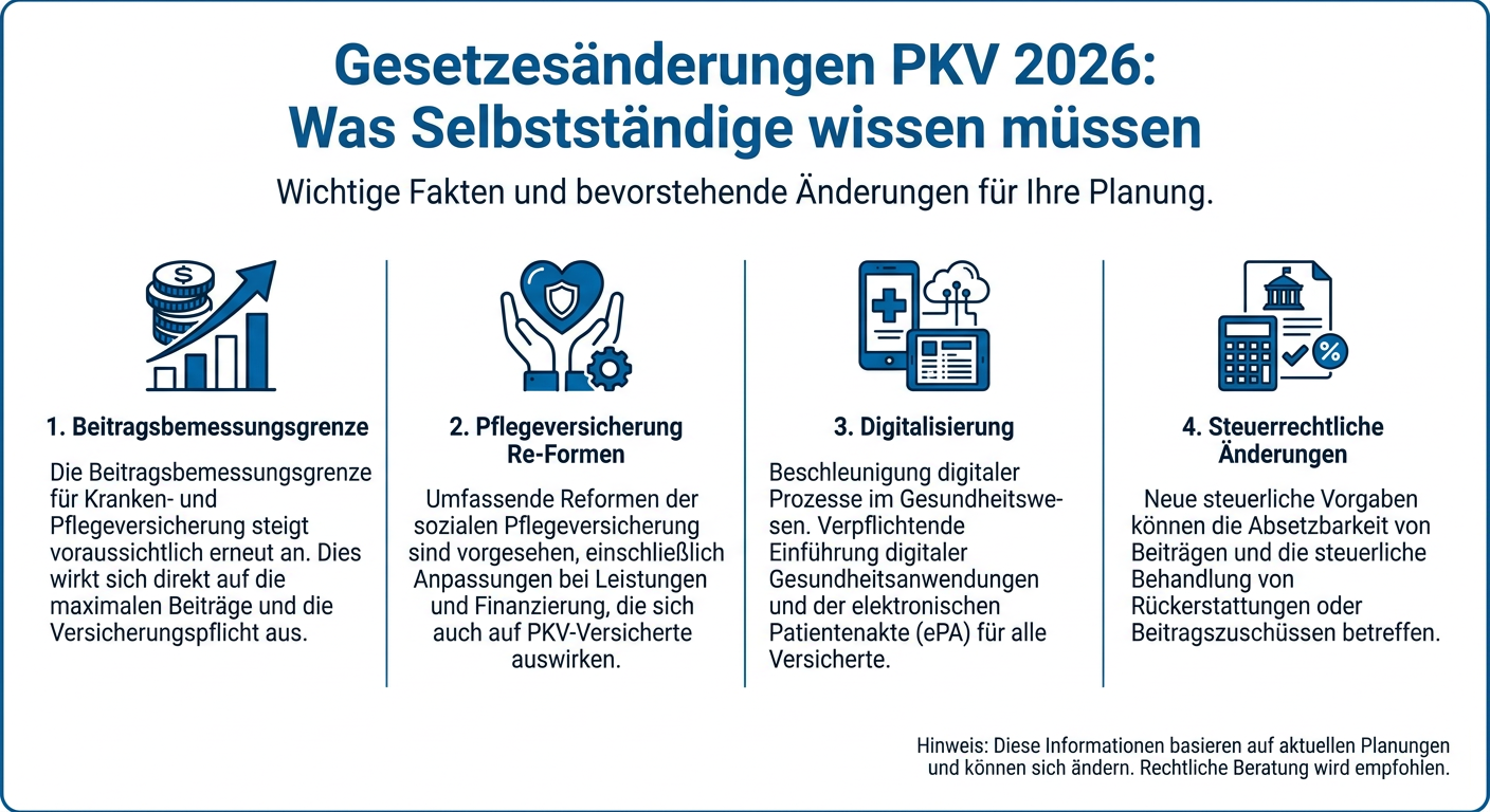 Infografik zu Gesetzesänderungen rund um die PKV 2026, relevant für Selbstständige. Zeigt Auswirkungen auf Beitragsbemessungsgrenze, Pflegeversicherung, Digitalisierung und Steuerrecht.