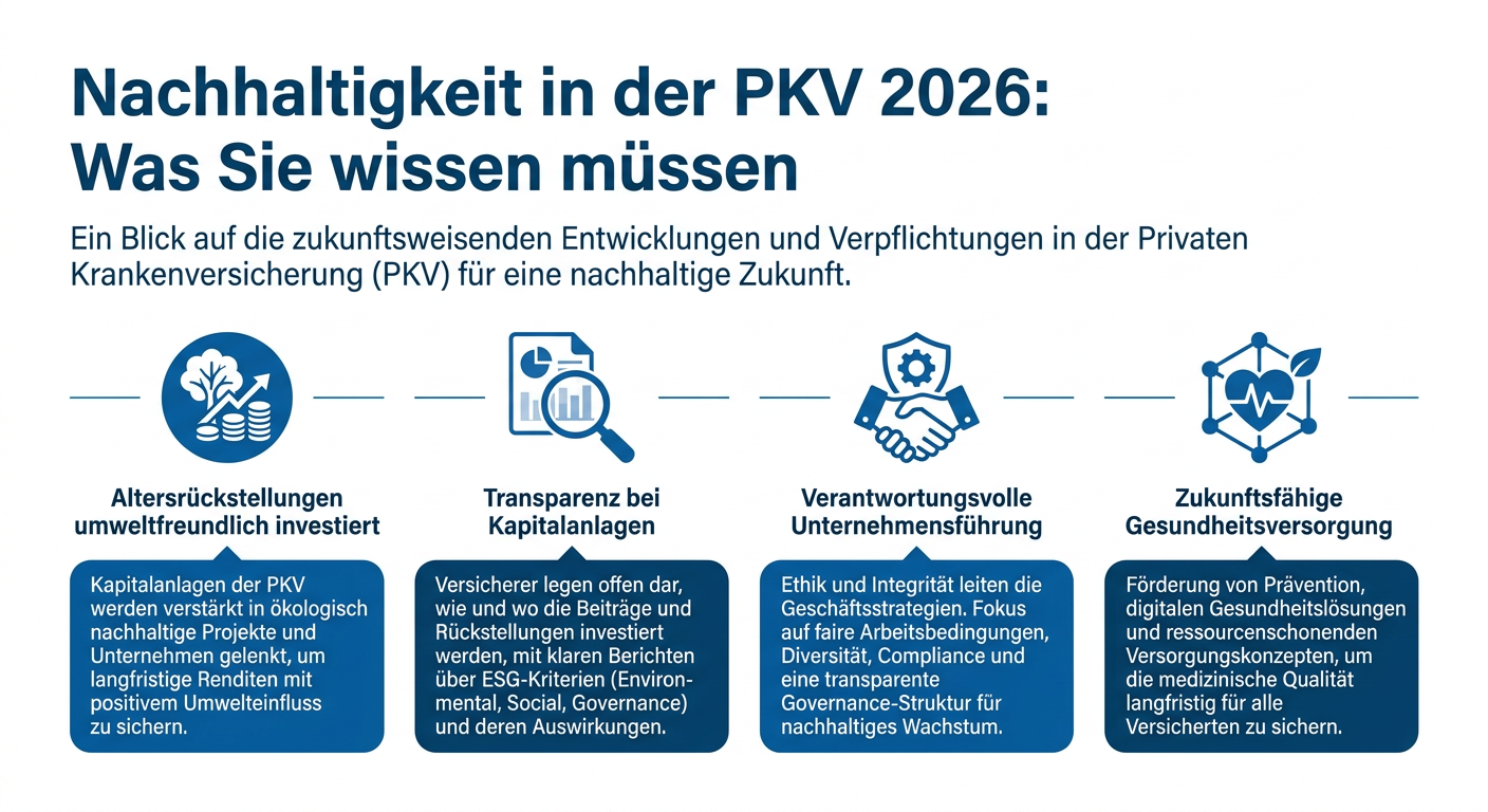 Infografik zum Thema Nachhaltigkeit in der privaten Krankenversicherung im Jahr 2026, mit Stichpunkten zu umweltfreundlichen Investitionen und verantwortungsvoller Unternehmensführung.