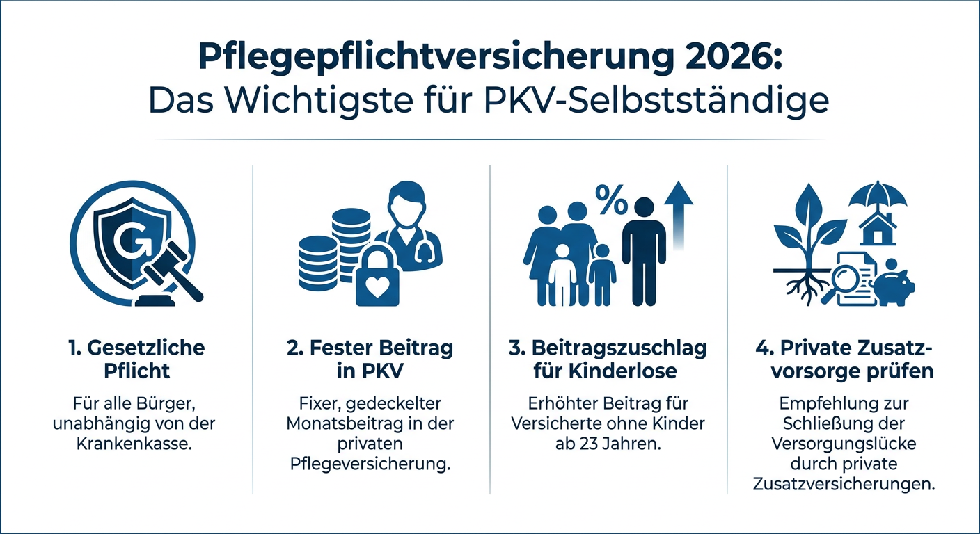 PKV & Pflegepflichtversicherung 2026: Aktuelle Änderungen Infografik: Pflegepflichtversicherung 2026. Vier Kernpunkte für PKV-Selbstständige: Gesetzliche Pflicht, fester Beitrag, Zuschlag für Kinderlose, Zusatzvorsorge prüfen.
